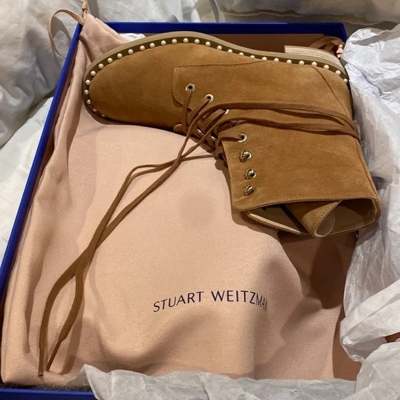 Stuart Weitzman Chelsea Brown Suede Pearl Combat Hiking Boots - Picture 12 of 12